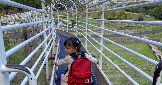 おだわら諏訪の原公園のローラーすべり台をすべる女の子