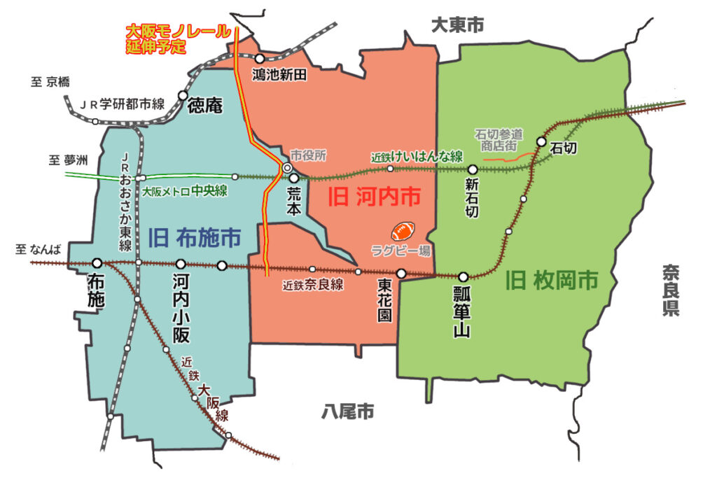 東大阪ローカルメディア座談会―東大阪市の地図(旧3市表示付き)