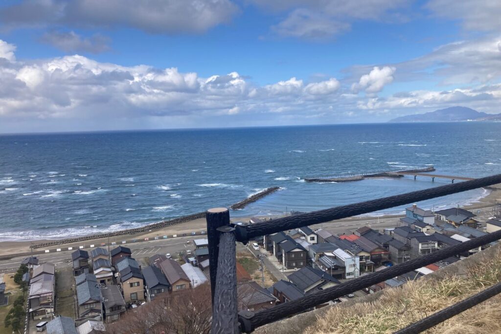 海と空が広く、画面下側には住宅街が映っています。