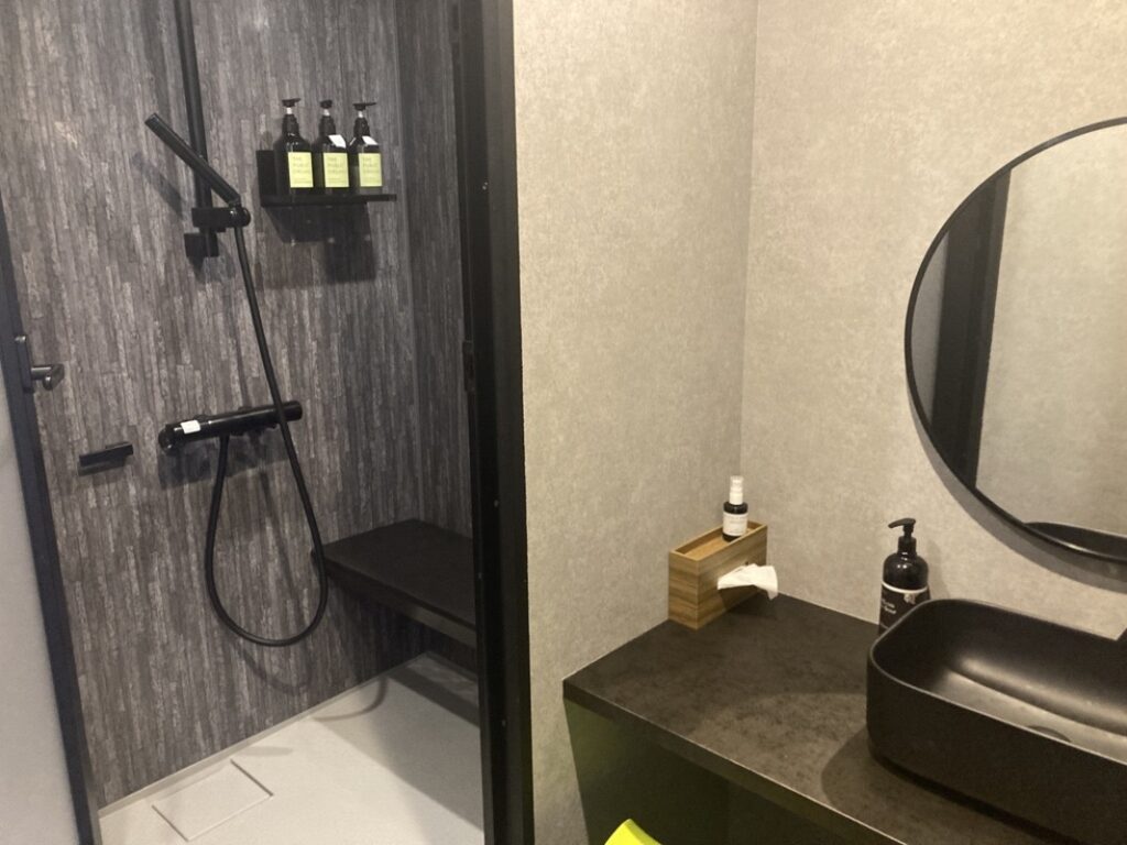 シャワールームと洗面所が写っています。黒いシャワーヘッドと蛇口、ヘアケア製品が3つ並んでいます。