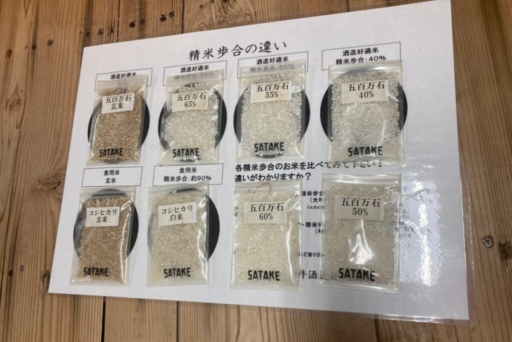 酒用の米と食用の米が精米歩合ごとに並べられています。
上段が酒造好適米で左から「五百万石玄米」「五百万石65%」「五百万石55%」「五百万石40%」と並んでいます。
下段は食用米で左から「コシヒカリ玄米」「コシヒカリ白米」「五百万石60%」「五百万石50%」とあり、左から右にいくにつれて茶色から白色へと変化していきます。