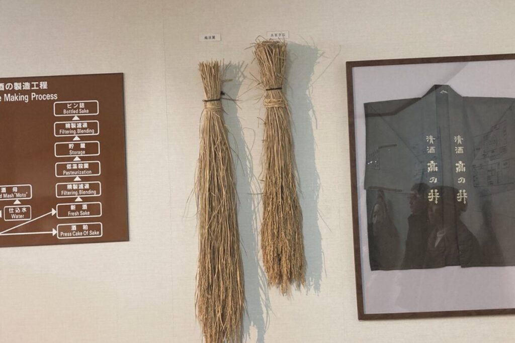 右に短い稲藁（五百万石）が、左に長い稲藁（越淡麗）が壁に飾られています。