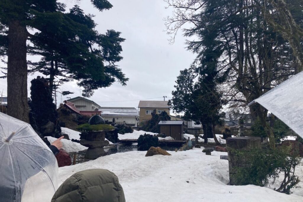 庭園の写真です。左右に大きな木があり、中央には池があります。