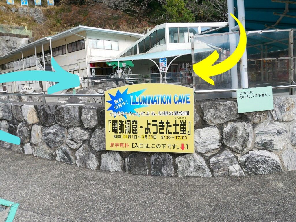 売店は「ようきた洞」をぐるりと回った向こう側に。店内へは黄色い矢印のところから入る