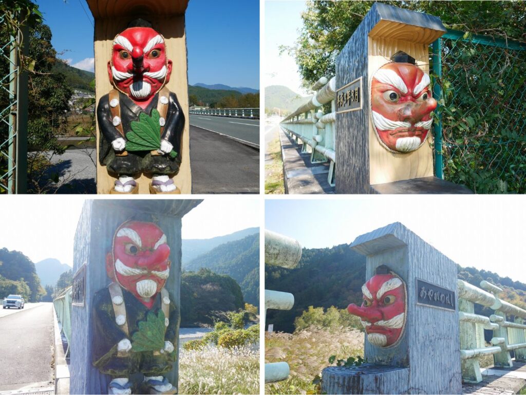 宮川橋の親柱(左上:宮川橋南詰の下流側親柱、左下:宮川橋北詰の下流側親柱、右上:宮川橋南詰の上流側親柱、右下:宮川橋北詰の上流側親柱)