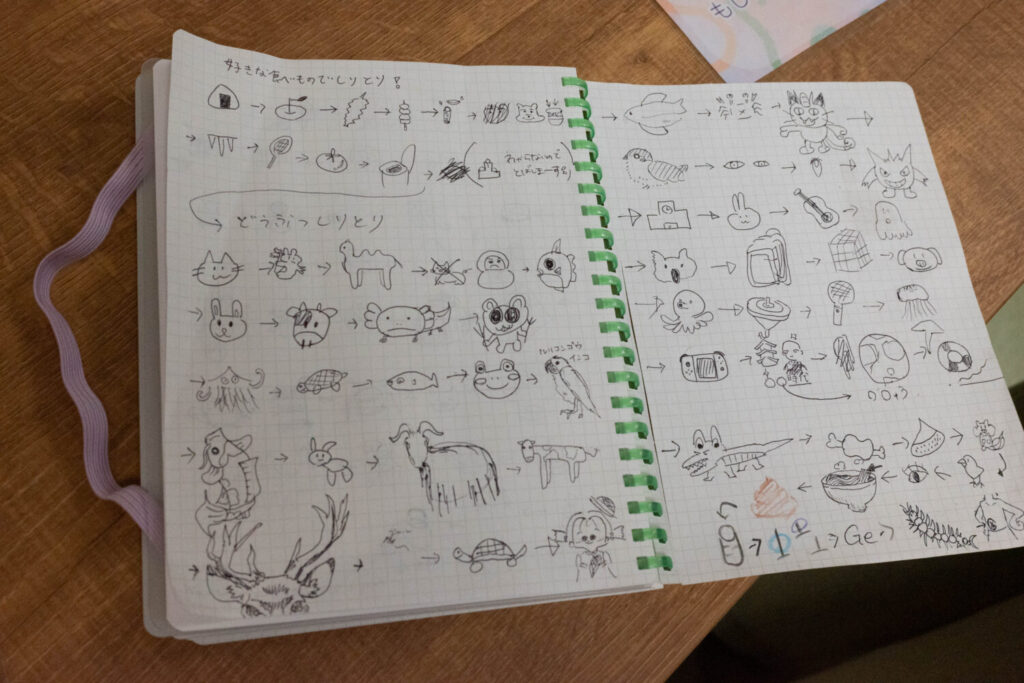 入口付近に置いてあるノートは、いつの間にか「絵しりとり」用に